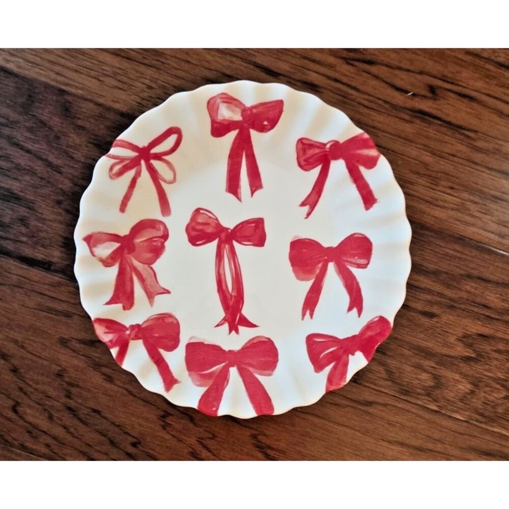 Red Ribbon Bows on White Salad Fluted Edge Plates 8.5" Ceramic Set of 4 NEW
